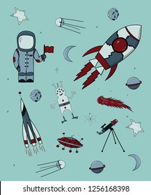 Space Objects: star, comet, rocket, ufo, satellite, cosmonaut.