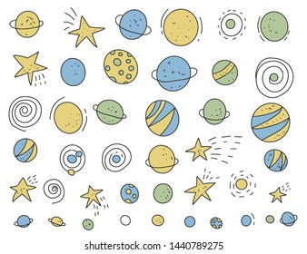 Space objects and symbols set. Vector handdrawn doodles color illustration.