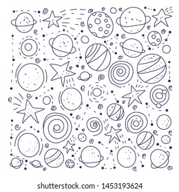 Space objects and symbols set. Vector hand drawn doodles illustration.