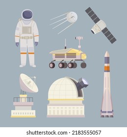 Space objects. telescope astronaut rocket and stars symbols for space travellers. Vector pictures collection