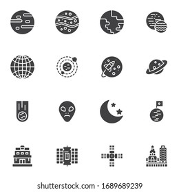 Space objects vector icons set, modern solid symbol collection, filled style pictogram pack. Signs, logo illustration. Set includes icons as solar system, moon, extraterrestrial, satellite spaceship