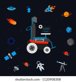 space objects and a wheelchair with a computer. A set of objects on a black background about cosmos and cosmology