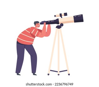 Hobby de observación espacial, niño curioso mira en el telescopio aislado de fondo blanco. Estudiar la ciencia de la astronomía infantil observando objetos cósmicos. Ilustración del vector de dibujos animados