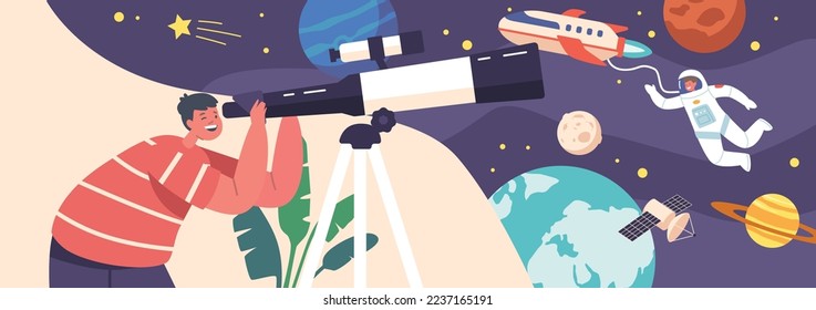 Space Observation Hobby, Curious Boy Look In Telescope, Child Studying Astronomy Science Watching on Moon, Stars Planets in Sky With Milky Way, Shuttle and Astronaut. Cartoon Vector Illustration