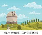 Space observatory landscape. Cartoon astronomical building in nature scene. Structure containing telescopes and auxiliary instruments. Observatory flat color vector illustration
