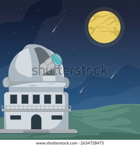 Space observatory landscaped vector illustration graphic design , astronomical building in nature view with full moon and meteor concept for science idea knowledge