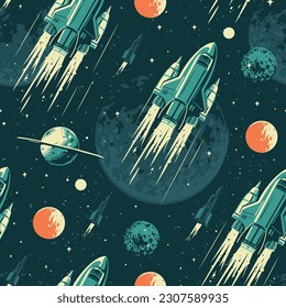 Space odyssey colorful seamless pattern with jet shuttles and planets and stars of universe or galaxy vector illustration