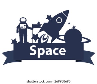 Space on the ribbon. Astronaut holding a flag and rocket. Vector illustration