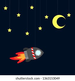 
space on a string. card space with airship, moon and stars