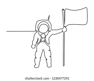 Space one line art. Continuous single drawn one line astronaut, astronaut on the moon with flag cosmic silhouette.