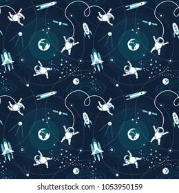 Space orbit spaceships cosmos astronaut spaceman characters exploring outer space seamless abstract background cartoon pattern for wallpaper, textile, prints. Flat line design. Vector illustration.