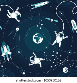 Space orbit spaceships cosmos astronaut spaceman characters exploring outer space seamless abstract background cartoon pattern for wallpaper, textile, prints. Flat line design. Vector illustration.