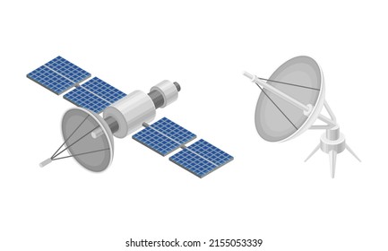 Satelliten- und Schieferantenne im Weltraum, drahtlose Kommunikationsgeräte, isometrische Vektorgrafik