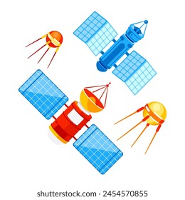 Space orbital satellite and dish antenna. GPS satellite. Radio transmitter in orbit