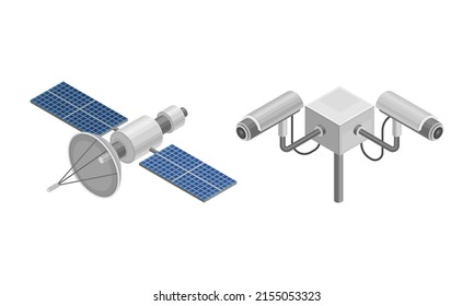 Space orbital satellite and outdoor video cameras isometric vector illustration