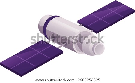 Space orbital satellite. Shuttle with solar panels and antenna. Spaceship station for amplifying telecommunication signal. Vector flat illustration isolated on white background