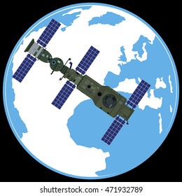 Space orbital station on the background of the Earth. The illustration on a black background.