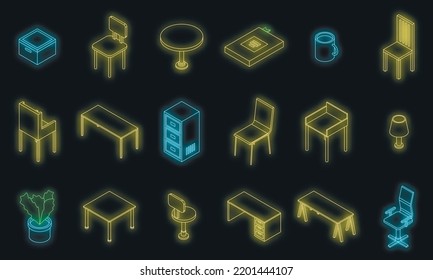 Space organization icons set. Isometric set of space organization vector icons neon color on black