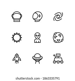 Symbolsatz für die Weltraumumrisslinie. Enthält Symbole wie Astronaut, UFO-Raumschiff, Alien und mehr. Vektorgrafik
