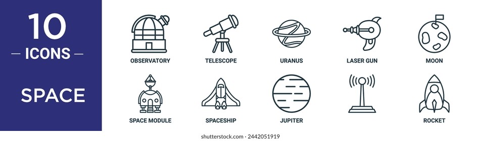 space outline icon set includes thin line observatory, telescope, uranus, laser gun, moon, space module, spaceship icons for report, presentation, diagram, web design