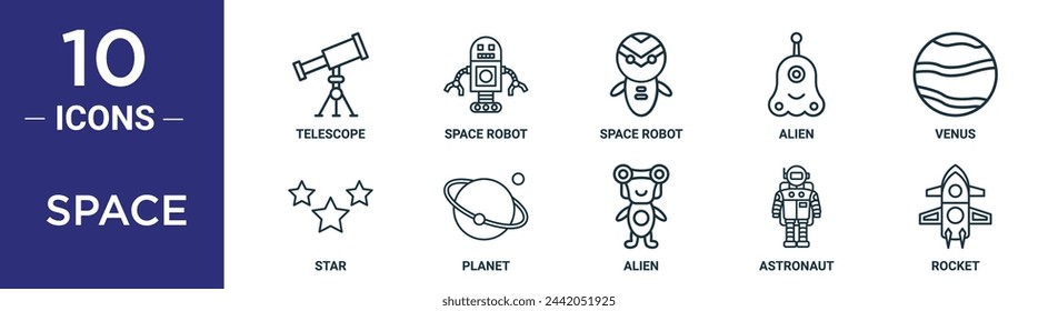 space outline icon set includes thin line telescope, space robot, space robot, alien, venus, star, planet icons for report, presentation, diagram, web design
