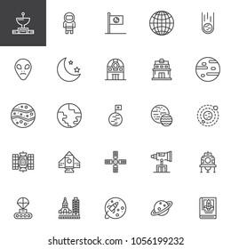 Space outline icons set. linear style symbols collection, line signs pack. vector graphics. Set includes icons as Hubble space telescope, Satellite dish, Astronaut, Meteorite, planet, Observatory