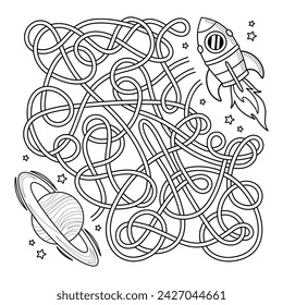Space outline maze kids game. Kids contour Labyrinth puzzle for children. Help the cartoon spaceship fly to the planet Saturn. Worksheet for school education. Vector design perfect for coloring page.
