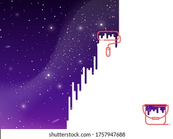 Space paint illustration. Paint roller draws space on the wall.