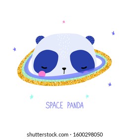 Space panda with rainbow rings. Cute kids print. Vector hand drawn illustration.