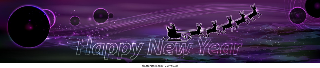 space panorama with a new year. long horizontal vector image of a large size. santa claus on a sleigh with reindeer