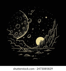 Space Panorama on Another Planet in Hand Drawn Engraving and Pointillism Style