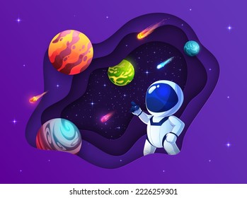 Space paper cut banner with astronaut and galaxy planets, vector universe exploration. Cartoon spaceman in space suit and helmet with alien world planets, asteroids and stars on dark sky background