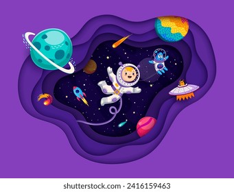 Space paper cut banner with kid astronaut, alien and UFO in starry galaxy. Vector funny spacemen characters with cartoon space planets, rocket, comets and stars in 3d papercut frame with wavy layers