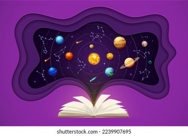 Papel espacial cortado con libros, planetas y constelaciones de sistemas solares. Papel vectorial cortar arte con libro de texto abierto, cielo estrellado galaxt y zodiaco. Astrología, ciencia astronómica, predicciones de horóscopo