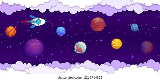 Space paper cut flying rocket in galaxy universe. Cartoon vector shuttle travel in starry cosmos with planets and 3d papercut wavy frame. Spaceship in Universe, futuristic cosmic travel in alien world