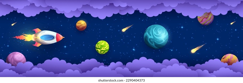 Space paper cut. Flying rocket in galaxy universe vector banner with cartoon planets, stars, comets and 3d layered origami borders of papercut clouds. Fantasy galaxy landscape for space travel themes