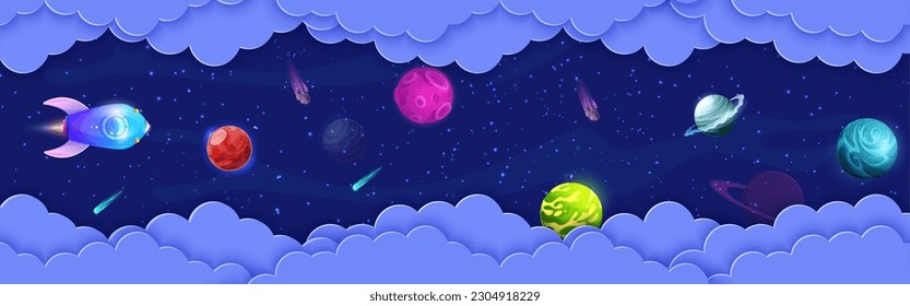 Space paper cut flying rocket, planets and asteroids in galaxy universe. Cartoon vector shuttle travel in starry cosmos with 3d papercut wavy frame. Spaceship in futuristic cosmic trip in alien world