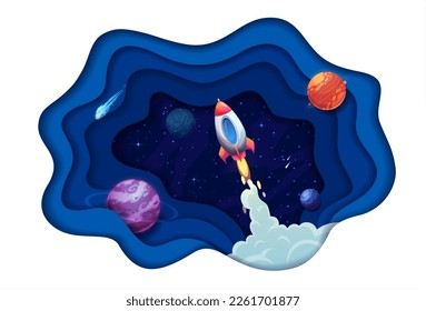 Weltraumpapier schneidet Galaxieplaneten und Raketenstart. Cartoon Vektor 3D Wavy Doppelexposition Rahmen mit Raumschiff starten in die Sterngalaxie mit Planeten, Sternen und Asteroiden. Shuttle-Reise in Universum