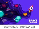 Space paper cut landscape with rocketship and starry galaxy with planets. Cartoon background with vector rocket, space sky and stars, spaceship, UFO and asteroid in 3d origami border with wavy borders
