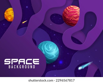 Space paper cut landscape with stars, planets and comets. Cartoon galaxy vector background with 3d papercut origami layers of abstract geometric shapes. Fantasy space planets on starry sky backdrop