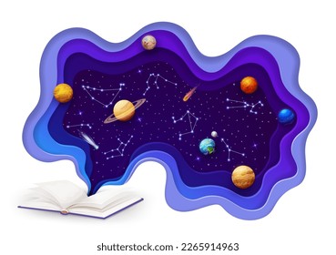 Space paper cut with opened book, planets and galaxy constellations. Vector open textbook with starry sky, solar system planets and zodiac inside of papercut 3d frame. Astrology, astronomy science