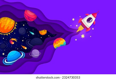 Space paper cut poster with flying rocket spaceship and galaxy planets. Mesmerizing 3d vector scene of intergalactic travel, exploration and wonder. Shuttle soaring amidst of dazzling cosmic stars