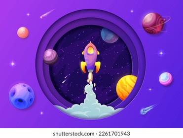 Space paper cut. Rocket launch, galaxy planets and stars. Space travel, galaxy exploration adventure papercut vector wallpaper or background with taking off starship rocket, cartoon planets and stars