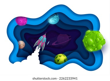 Cortado de papel espacial, lanzamiento de cohetes y planetas espaciales de galaxia. Vector de dibujos animados 3d marco de doble exposición ondulada con despegue de nave espacial en cosmos estrellados. Traslado interestelar en arte de papel Universo