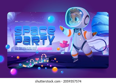 Space party banner with cute spaceman in sweet world. Vector landing page with cartoon illustration of candy planet landscape with caramel trees, lollipops and happy boy astronaut in spacesuit