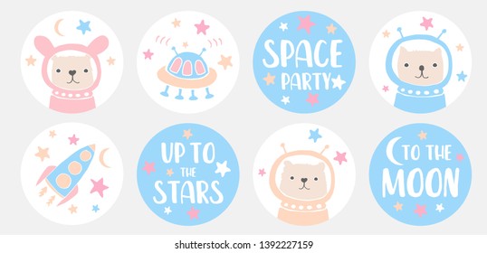 Space Party Candy Round Shape Vector Graphics for Candy Bar Toppers, Tags, Stickers, Card, Invitation. Funny Bunny, Cute Cat and Ltlle Bear Astronauts.Alien Speceship, Rocket and Pink and Blue Stars.