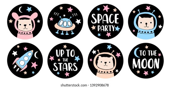 Space Party Candy Round Shape Vector Graphics for Candy Bar Toppers, Tags, Stickers, Card, Invitation. Funny Bunny, Cute Cat and Ltlle Bear Astronauts.Alien Speceship and Rocket on a Starry Black Sky.