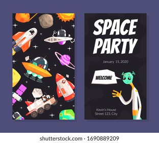 Space Party Card Template with Cute Funny Alien, Banner, Poster with Cosmos Symbols Vector illustration