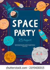 Space party, cartoon spacecrafts, starships and rockets in galaxy, vector cosmic banners. Kids party with fantasy planets or spaceships.