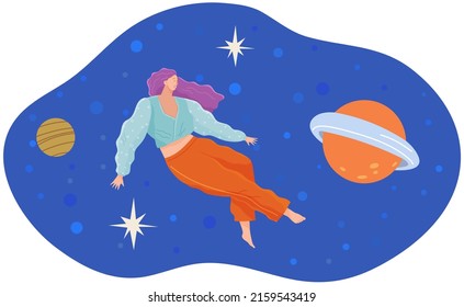 Raumfahrtparty Astronautin, Kosmonaut, Raumschiff, Kometen, Rakete, Außerirdische, UFO, Himmel und Person fliegt im Traumweltraum, kosmischen Bereich, Karte oder Poster. Kinderzeichnungen von Sternenhimmel und Galaxie